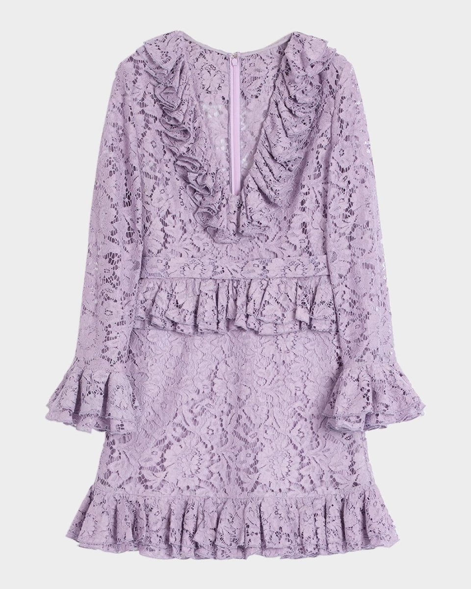 Ruffle V-Neck Long-Sleeve Heavy Lace Mini Dress
